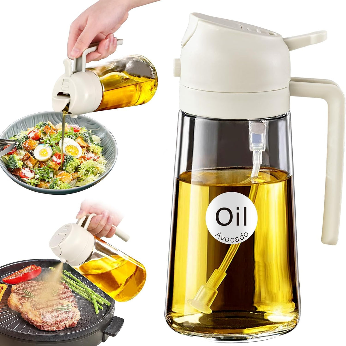 YARRAMATE 16 oz 2-in-1 Glass Olive Oil Sprayer for Cooking, Creamy White